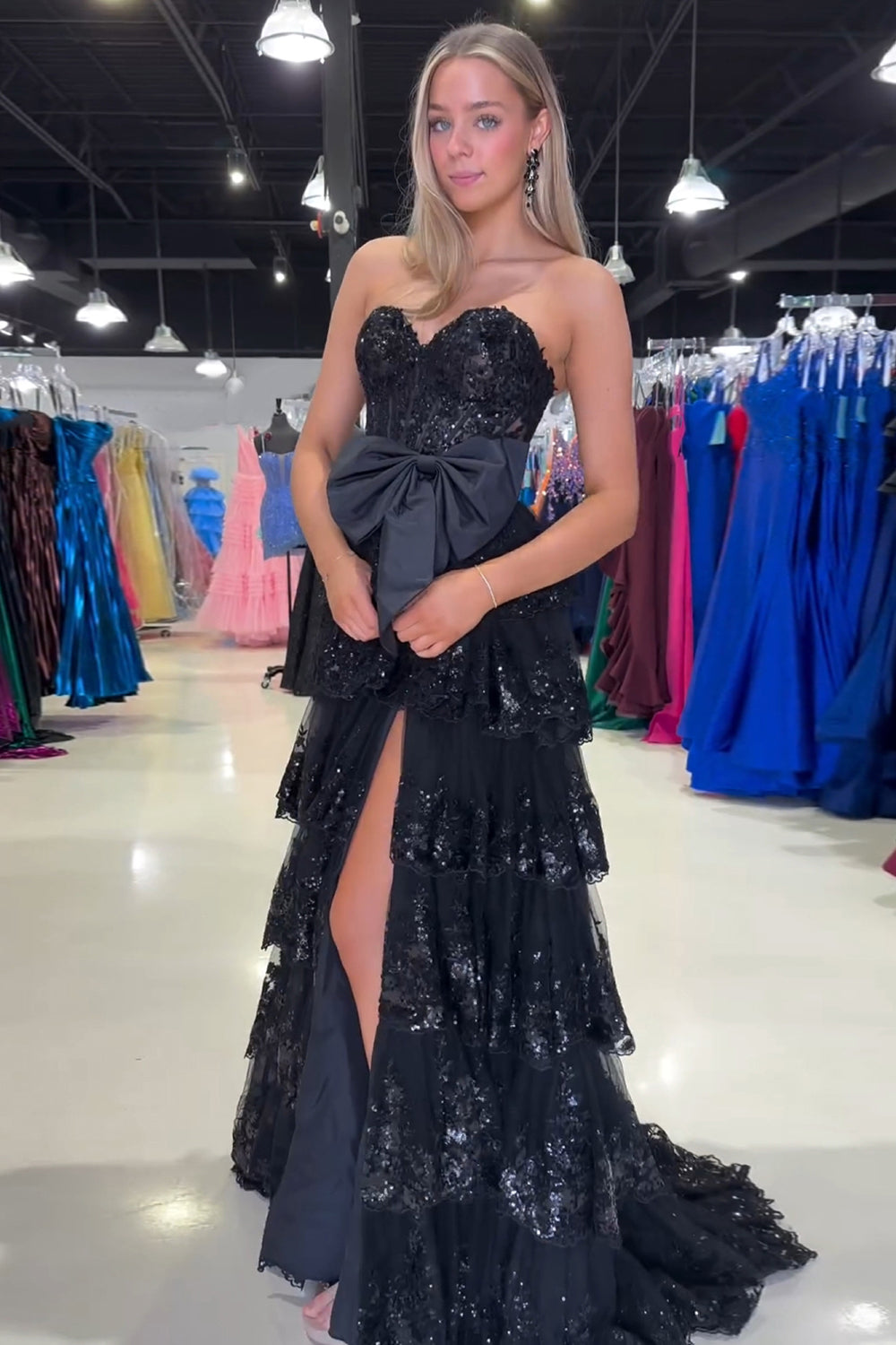 Luolandi A Line Black Strapless Tiered Sequined Corset Long Prom Dress Sparkly With Bow